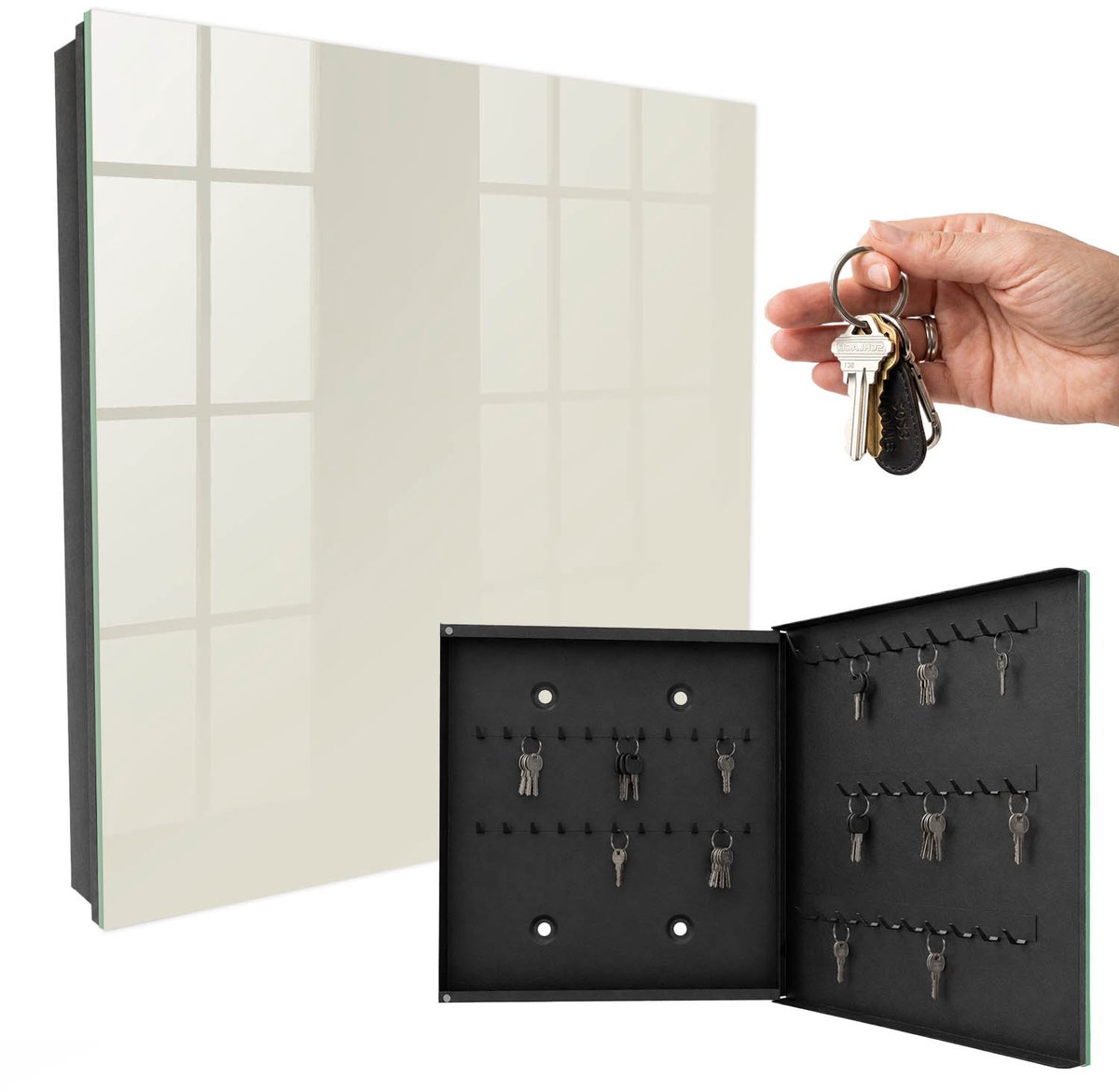 WallMuralia - Sleutelkast - 30x30x5 cm - met 50 haken - Crèmekleurige Steen Sleutelkastje Binnen - Romig Sleutelbox - Rechtsopenend - Zwart interieur
