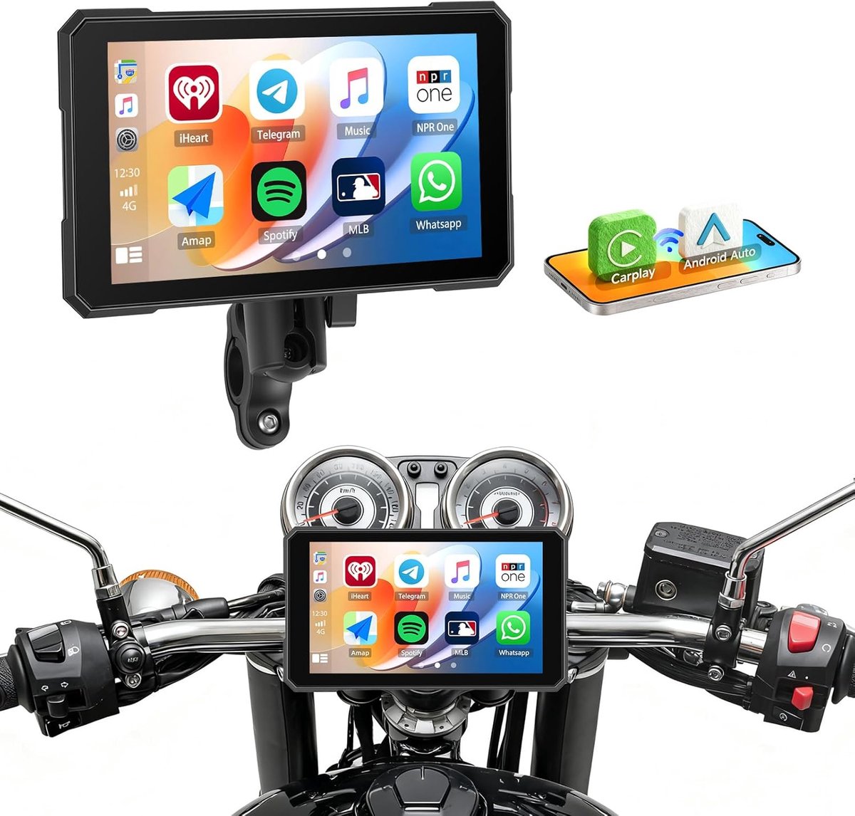 Motorfiets Carplay Display voor Moto met Draadloze Carplay Android Auto, 5 Inch HD Touchscreen Scherm IP67 Waterdichte Motorfiets GPS Navigatie Dual Bluetooth Voice Control
