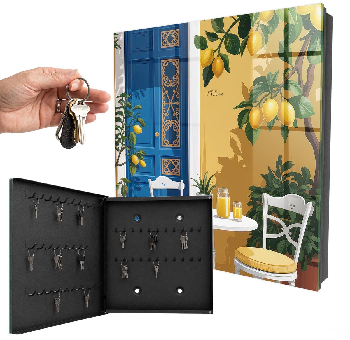 WallMuralia - Sleutelkast - 30x30x5 cm - met 50 haken - Zomertuin Groot Sleutelkastje - Blauw Sleutelbox - Linksopenend - Zwart interieur