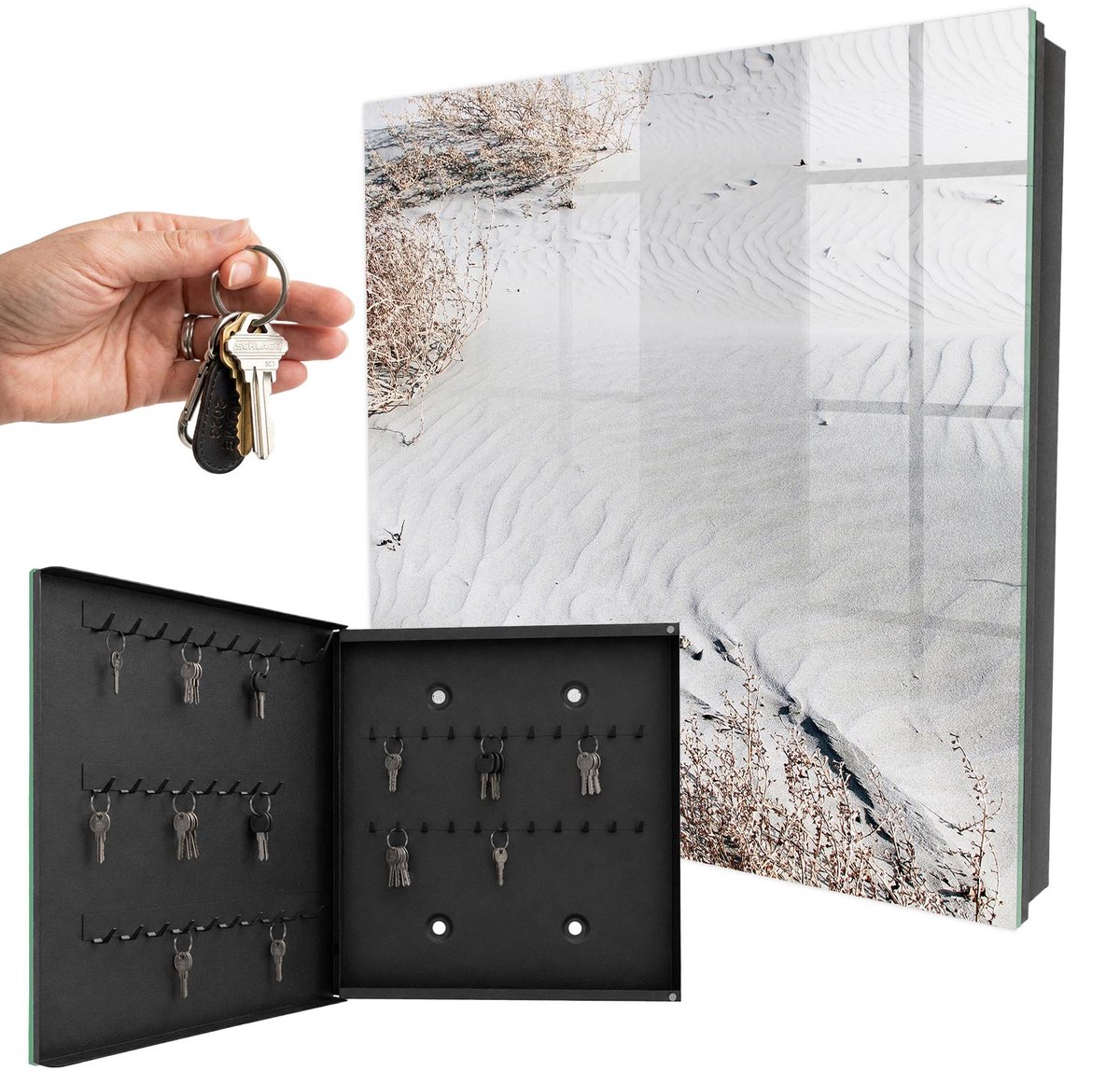 WallMuralia - Sleutelkast - 30x30x5 cm - met 50 haken - Zandgolven Sleutelkastje Gang - Grijs Sleutelbox - Linksopenend - Zwart interieur