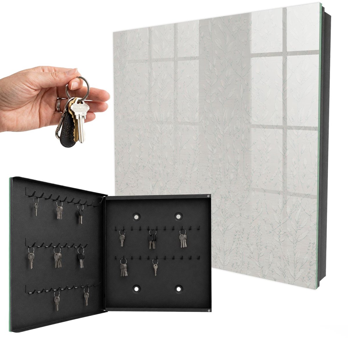 WallMuralia - Sleutelkast - 30x30x5 cm - met 50 haken - Natuurlijke Elegantie Sleutelkastje Binnen - Beige Sleutelbox - Linksopenend - Zwart interieur
