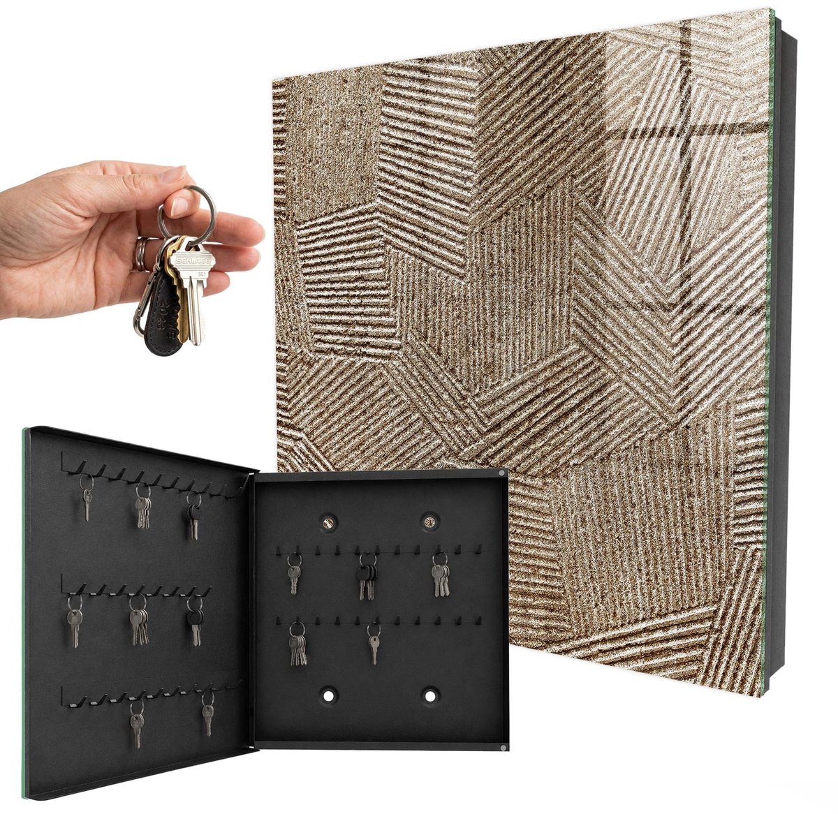 WallMuralia - Sleutelkast - 30x30x5 cm - met 50 haken - Geometrisch Patroon Sleutelkastje Modern - Beige Sleutelbox - Linksopenend - Zwart interieur