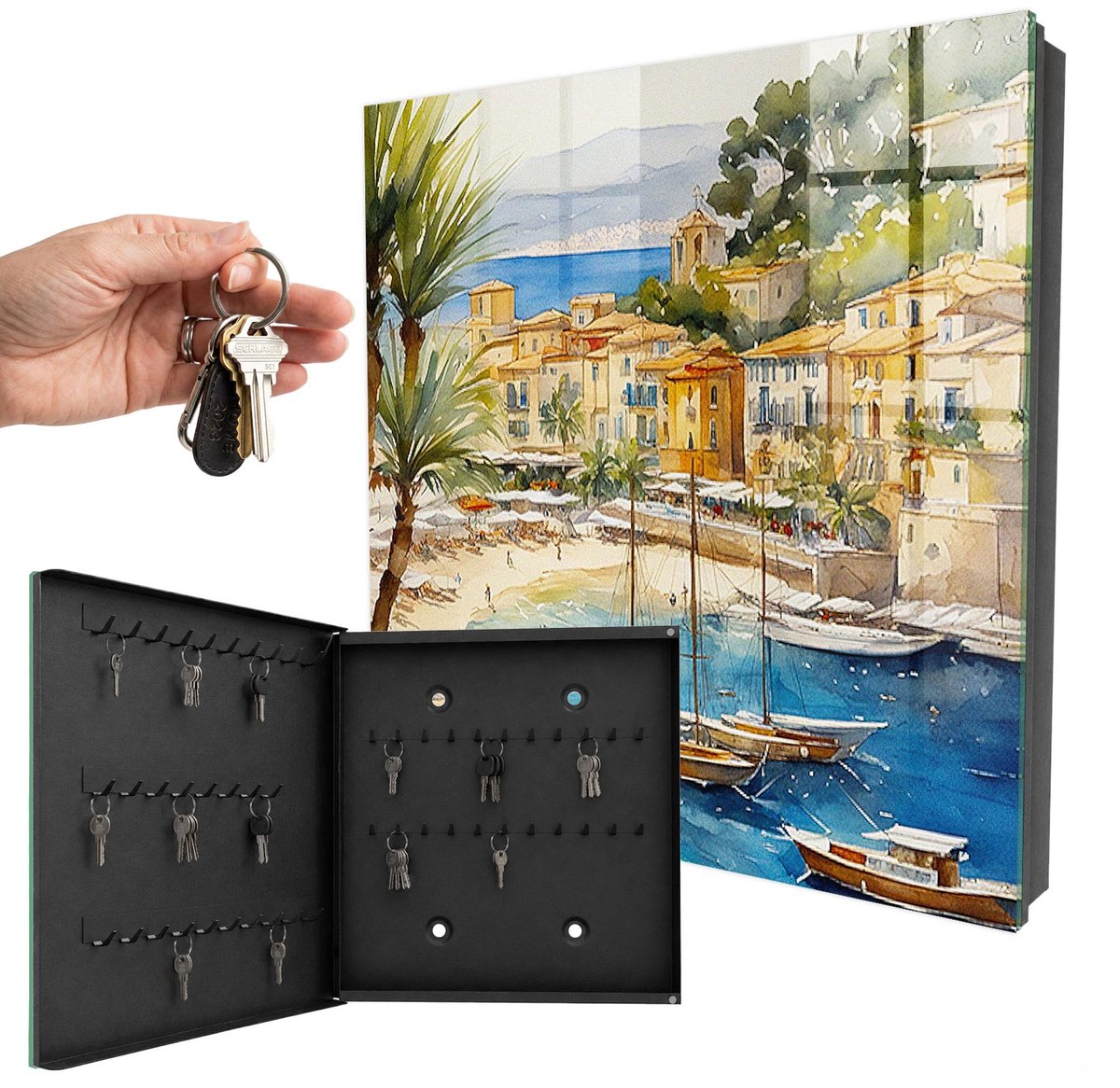 WallMuralia - Sleutelkast - 30x30x5 cm - met 50 haken - Kustlandschap Sleutelkastje Design - Blauw Sleutelbox - Linksopenend - Zwart interieur