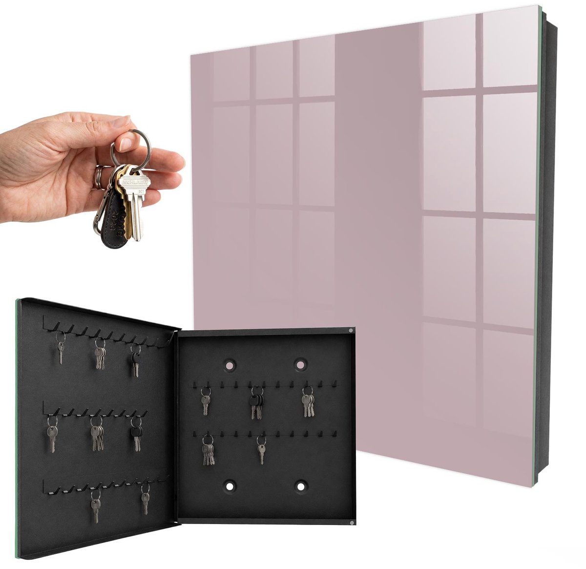 WallMuralia - Sleutelkast - 30x30x5 cm - met 50 haken - Pastel Lila Sleutelkastje Gang - Lila Sleutelbox - Linksopenend - Zwart interieur