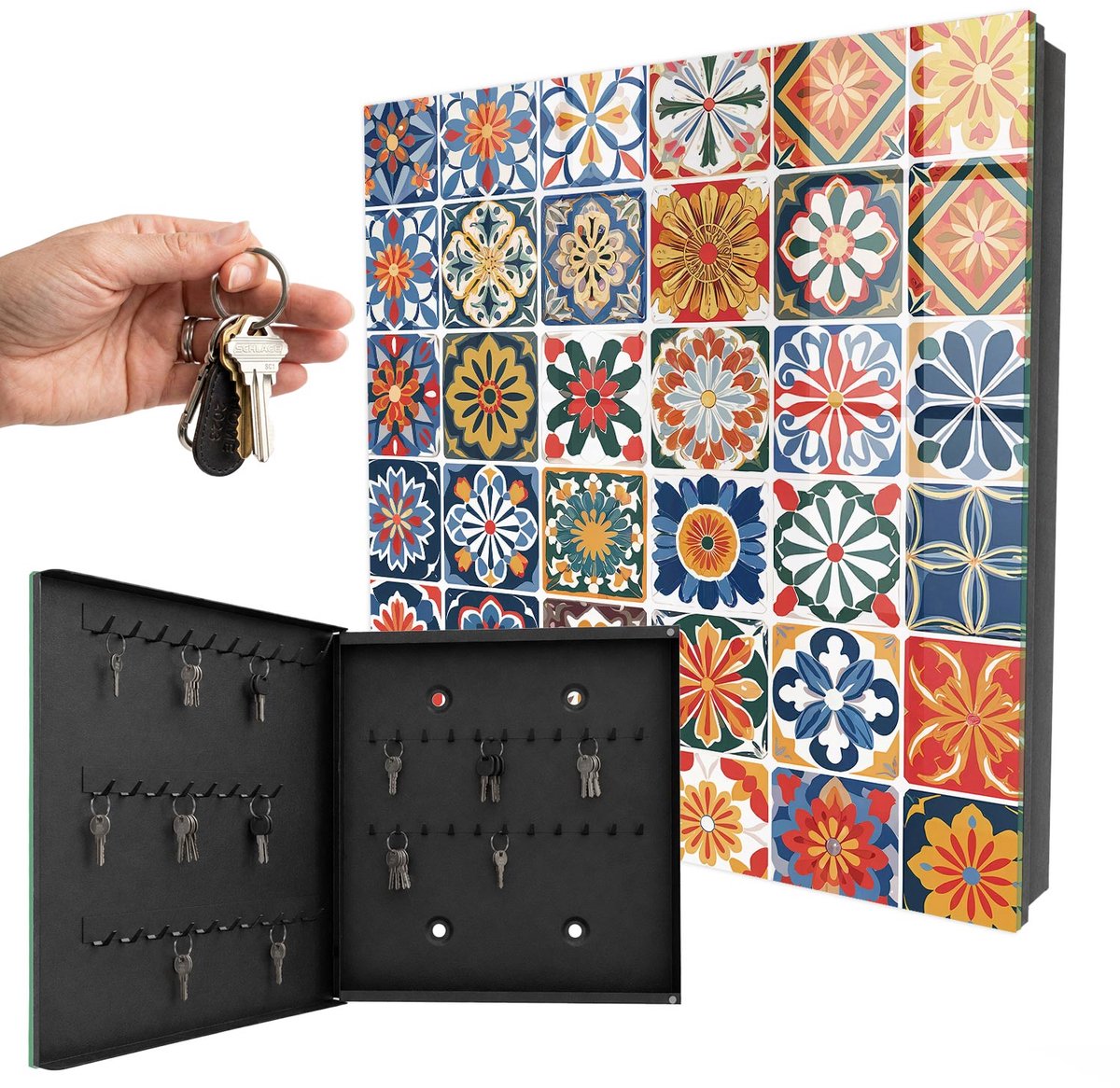 WallMuralia - Sleutelkast - 30x30x5 cm - met 50 haken - Kleurrijke Tegels Sleutelkastje Muur - Blauw Sleutelbox - Linksopenend - Zwart interieur