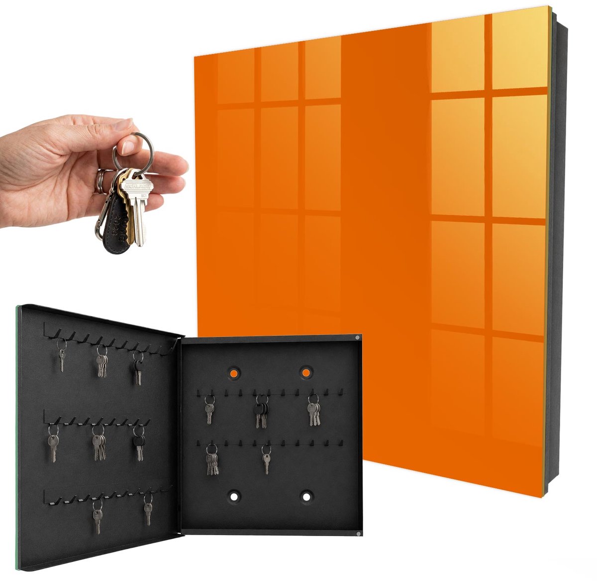 WallMuralia - Sleutelkast - 30x30x5 cm - met 50 haken - Sterk Oranje Sleutelkastje Gang - Oranje Sleutelbox - Linksopenend - Zwart interieur