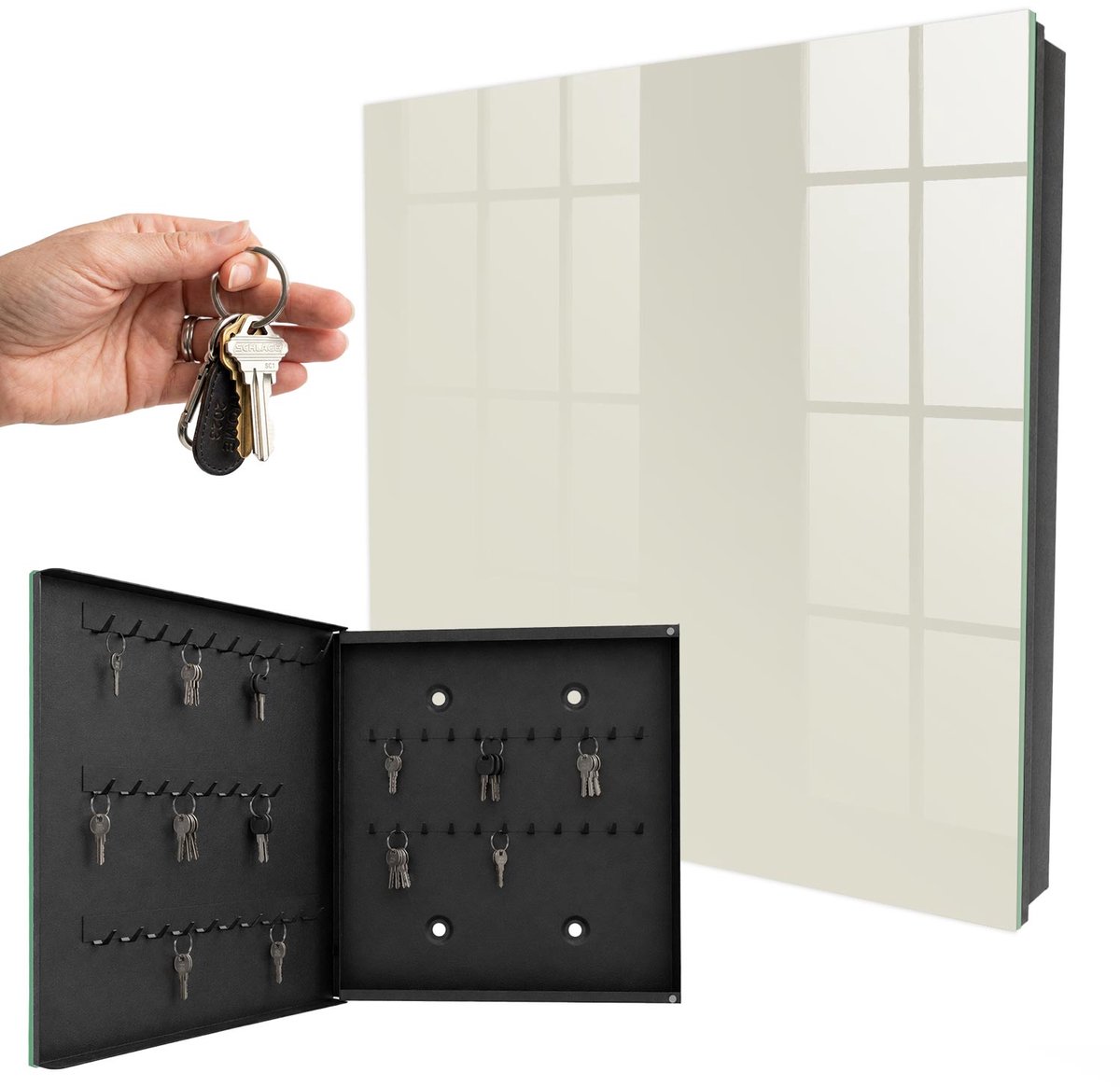 WallMuralia - Sleutelkast - 30x30x5 cm - met 50 haken - Crèmekleurige Steen Sleutelkastje Huis - Romig Sleutelbox - Linksopenend - Zwart interieur