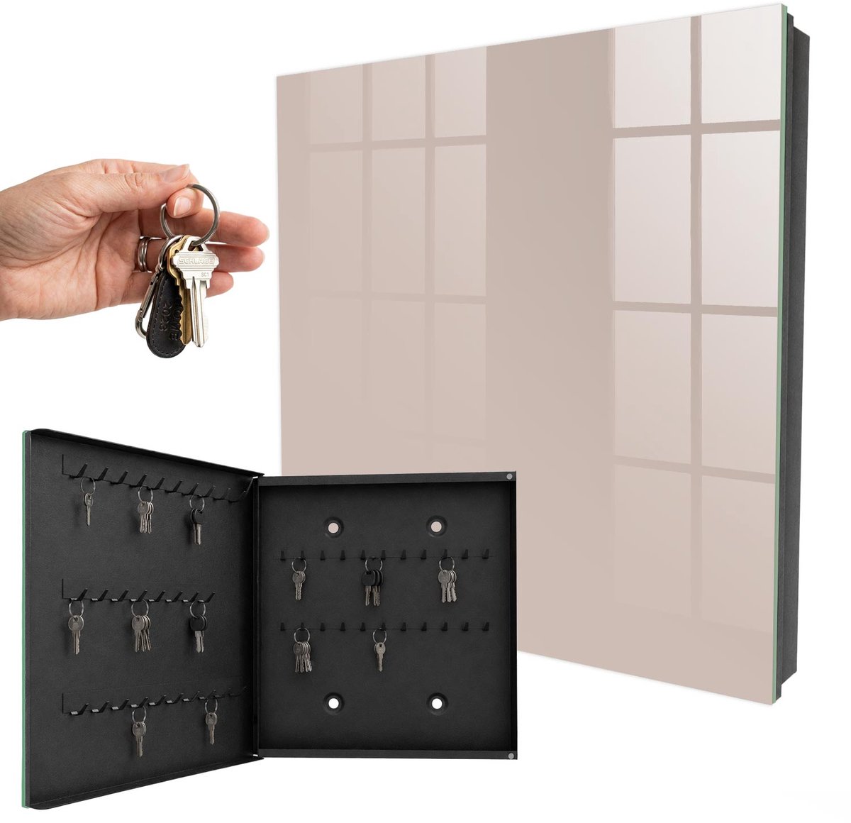 WallMuralia - Sleutelkast - 30x30x5 cm - met 50 haken - Warme, Gedempte Beigetint Sleutelkastje Voor Binnen - Beige Sleutelbox - Linksopenend - Zwart interieur