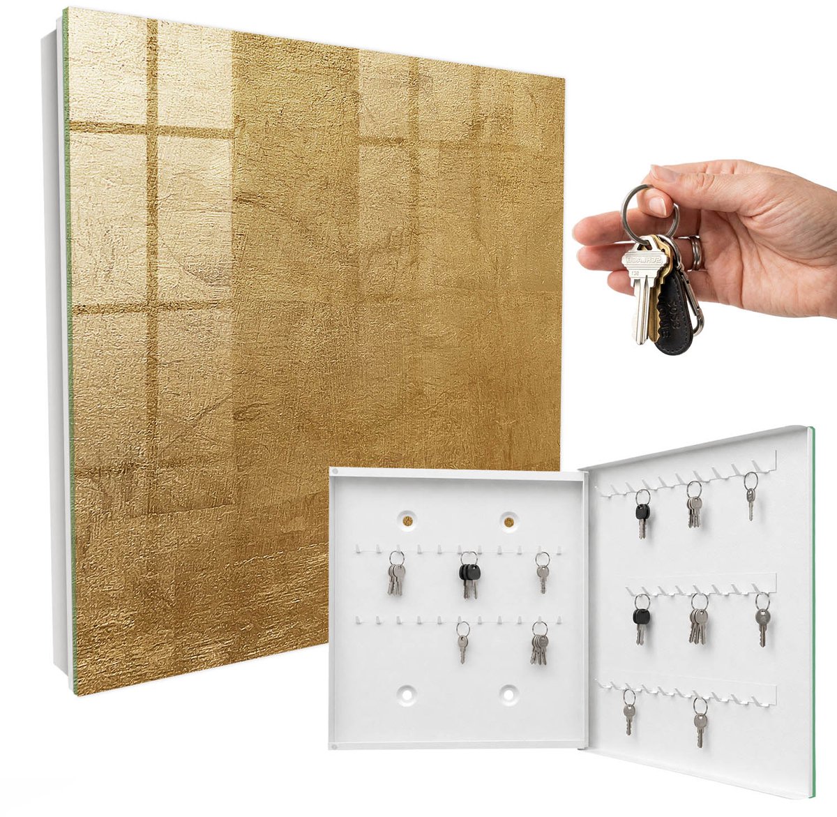 WallMuralia - Sleutelkast - 30x30x5 cm - met 50 haken - Warme Textuur Design Sleutelkastje - Geel Sleutelbox - Rechtsopenend - Wit interieur