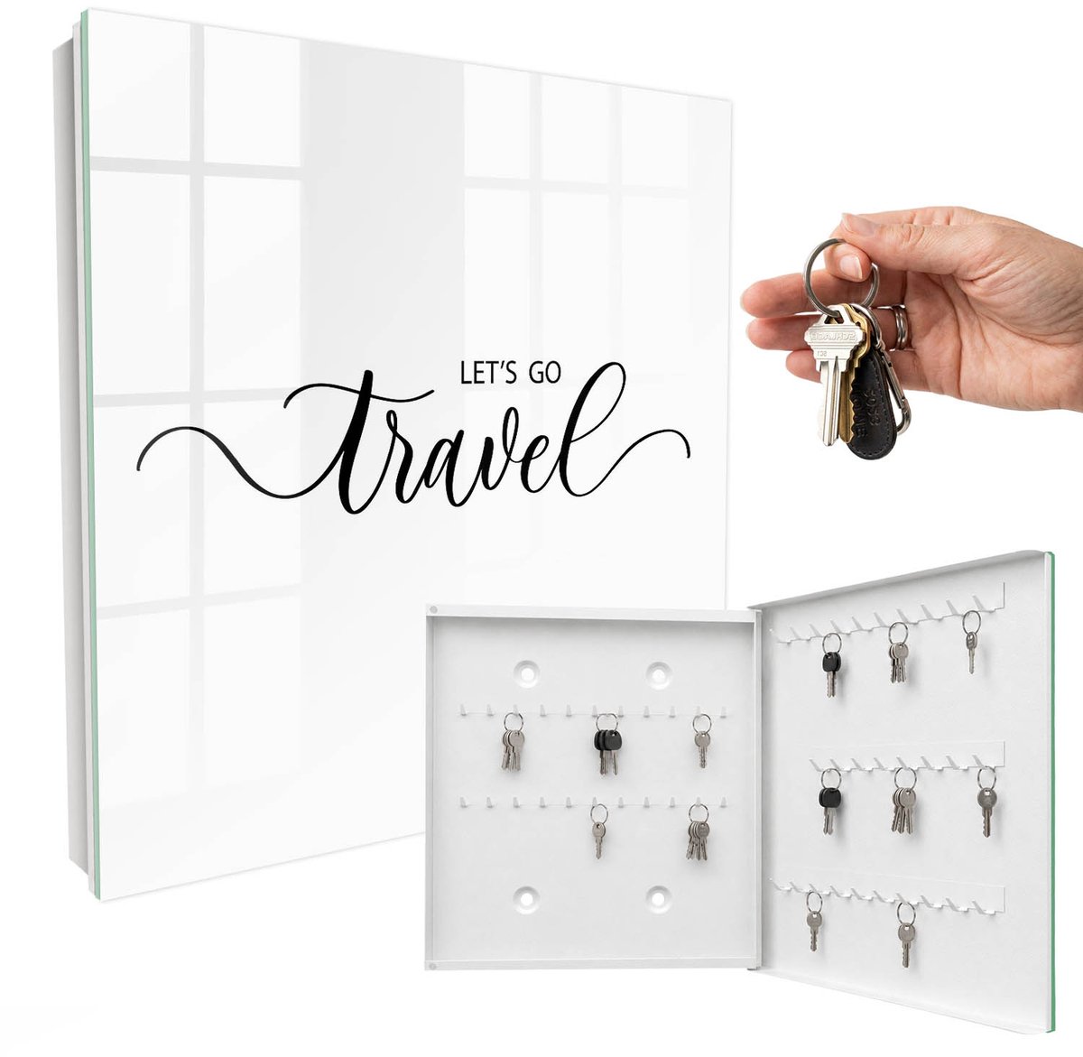 WallMuralia - Sleutelkast - 30x30x5 cm - met 50 haken - Droomreis Groot Sleutelkastje - Zwart-Wit Sleutelbox - Rechtsopenend - Wit interieur