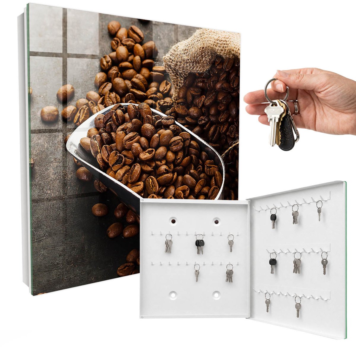 WallMuralia - Sleutelkast - 30x30x5 cm - met 50 haken - Koffiebonen Sleutelkastje Binnen - Bruin Sleutelbox - Rechtsopenend - Wit interieur