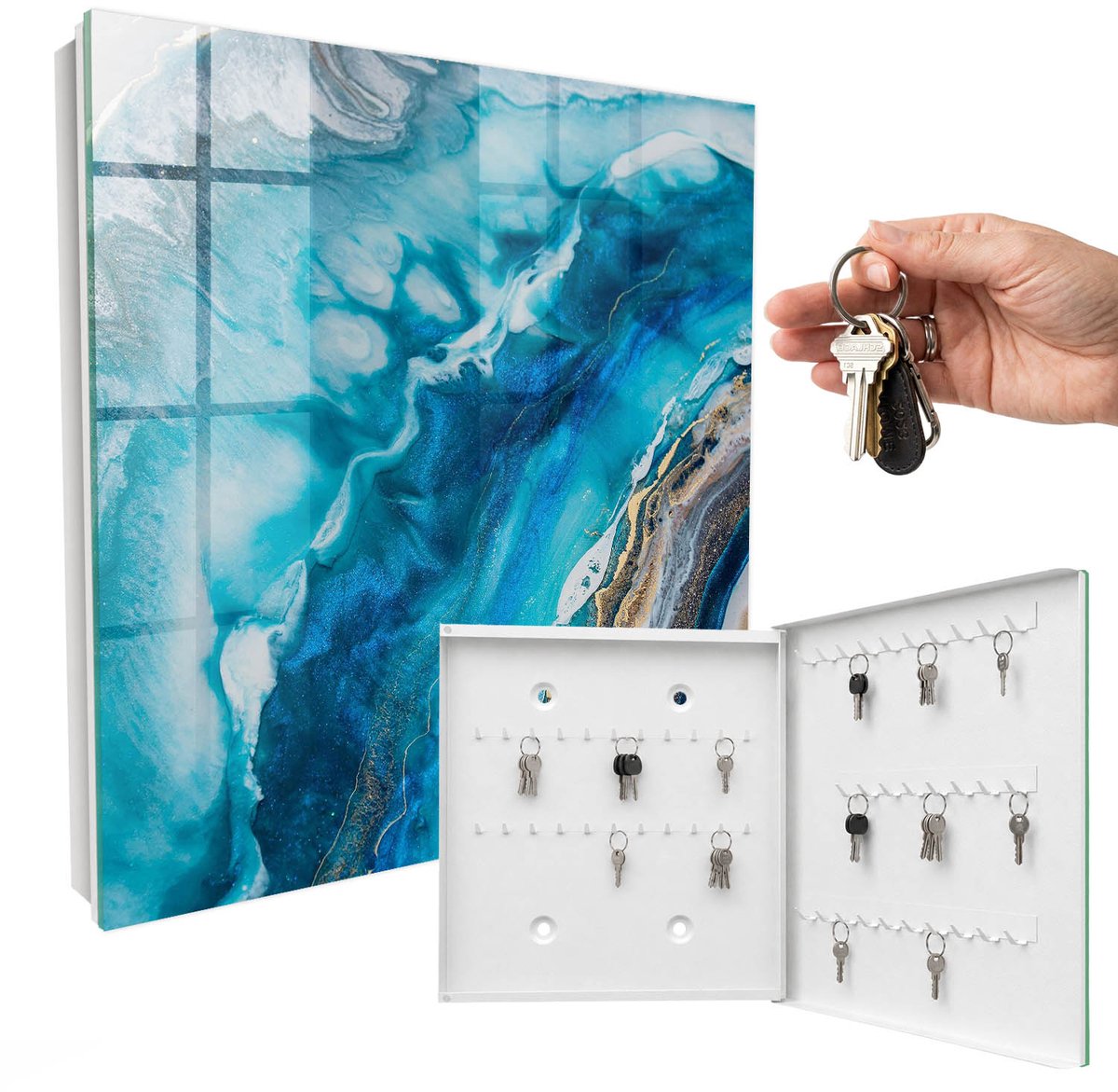 WallMuralia - Sleutelkast - 30x30x5 cm - met 50 haken - Turkooizen Patronen Sleutelkastje Binnen - Turkoois Sleutelbox - Rechtsopenend - Wit interieur
