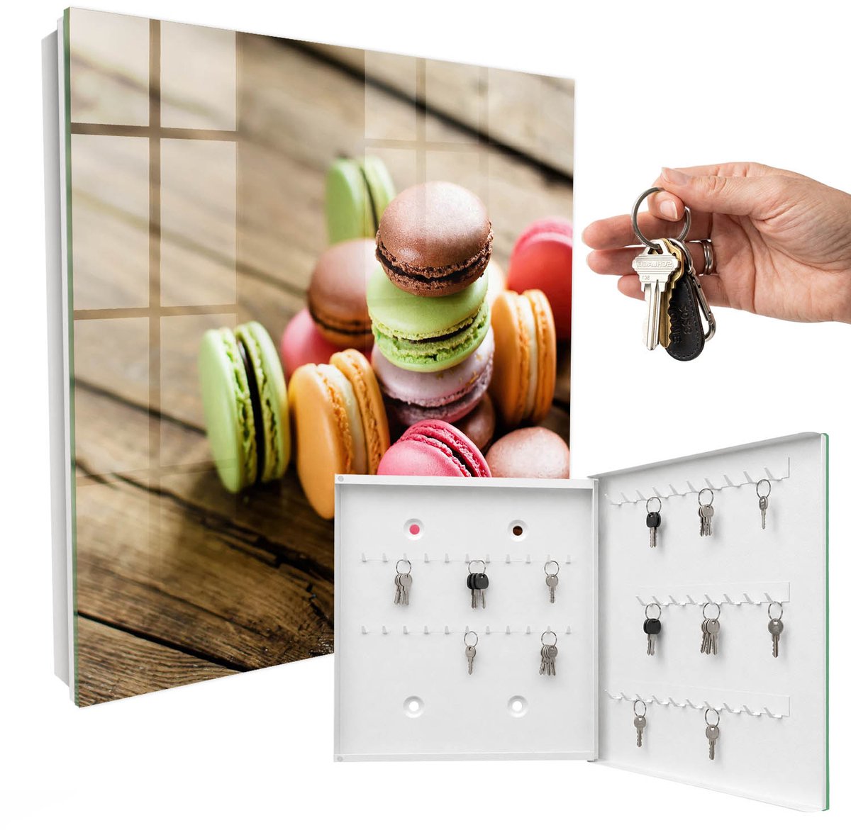 WallMuralia - Sleutelkast - 30x30x5 cm - met 50 haken - Kleurrijke Snoepjes Leuk Sleutelkastje - Roze Sleutelbox - Rechtsopenend - Wit interieur