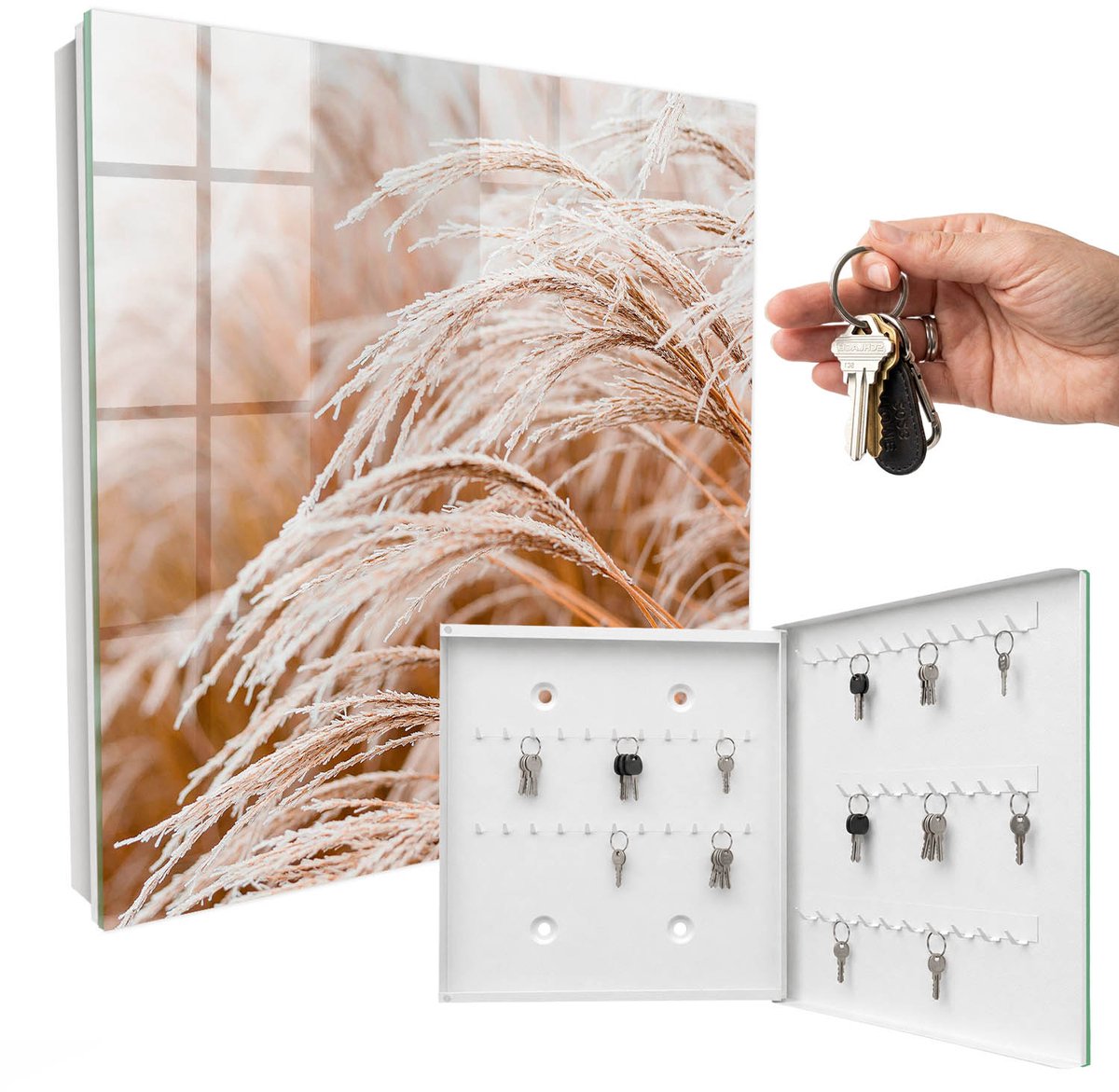WallMuralia - Sleutelkast - 30x30x5 cm - met 50 haken - Tere Grassen Sleutelkastje Hal - Beige Sleutelbox - Rechtsopenend - Wit interieur