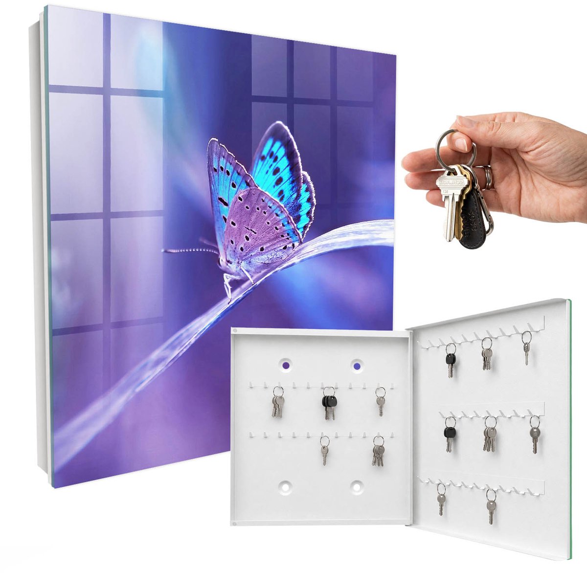 WallMuralia - Sleutelkast - 30x30x5 cm - met 50 haken - Kleurrijke Vlinder Sleutelkastje Voor Binnen - Paars Sleutelbox - Rechtsopenend - Wit interieur