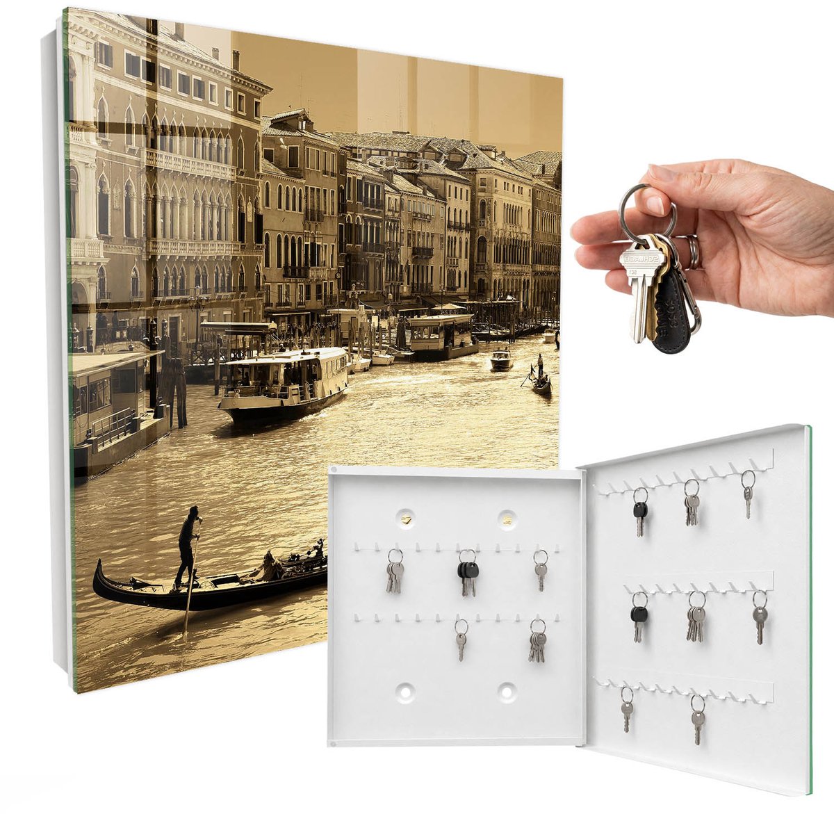 WallMuralia - Sleutelkast - 30x30x5 cm - met 50 haken - Stedelijke Charme Sleutelkastje Huis - Geel Sleutelbox - Rechtsopenend - Wit interieur