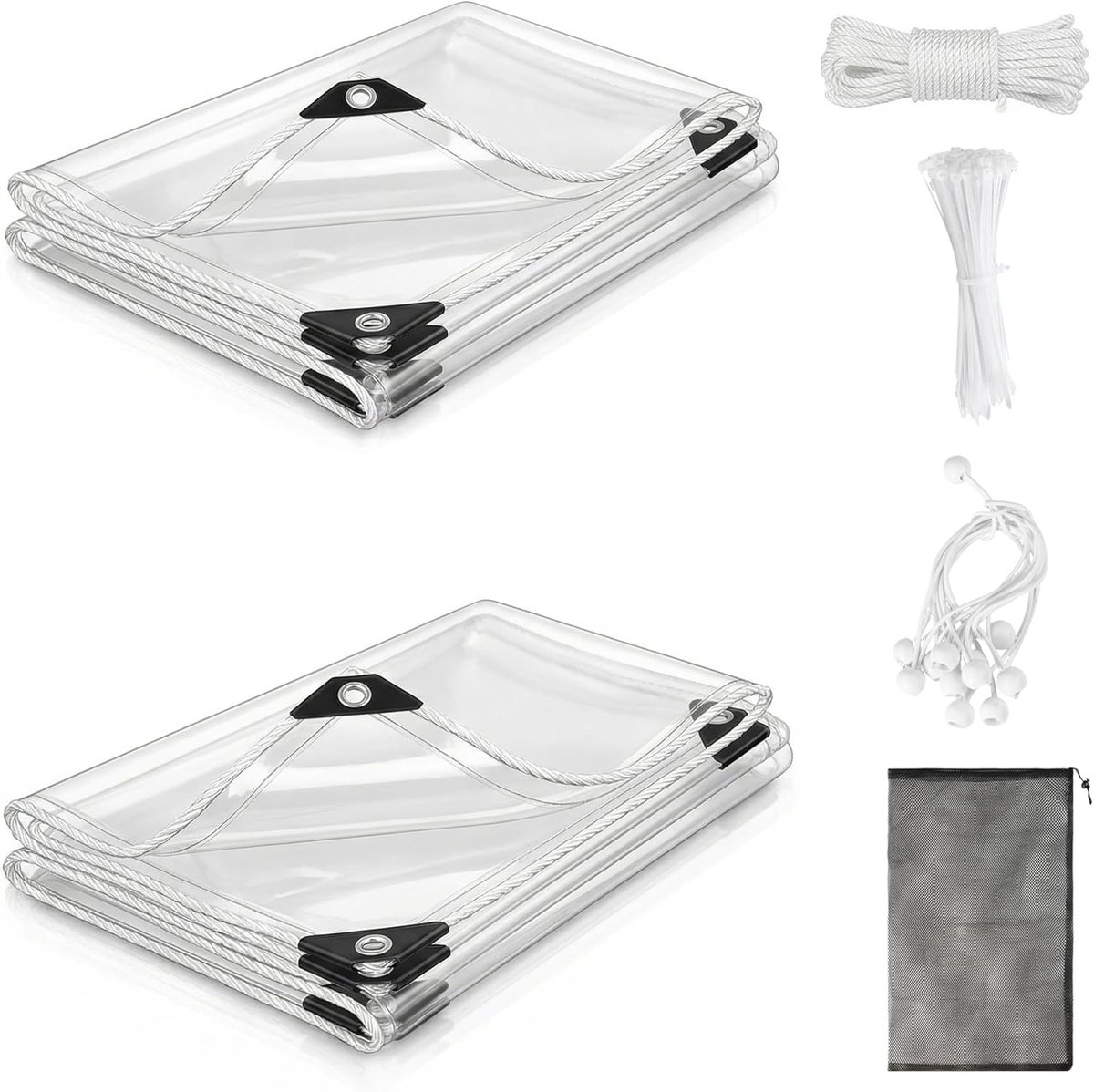 SnelShoppen - Heldere Zeil, Robuust 240 g/m², 2 x 2 m, Waterdicht en UV-bestendig, Transparante PVC Zeil met Versterkte Oogjes, Inclusief Touw, Bungee
