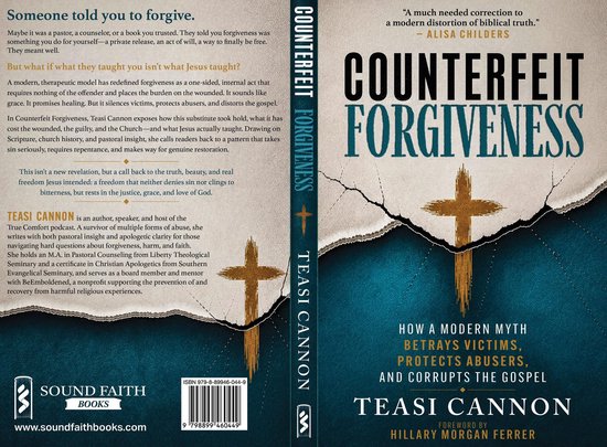 Boekomslag 'Counterfeit Forgiveness' door Teasi Cannon, met een gebroken kruis en golven, in blauw- en bruintinten.