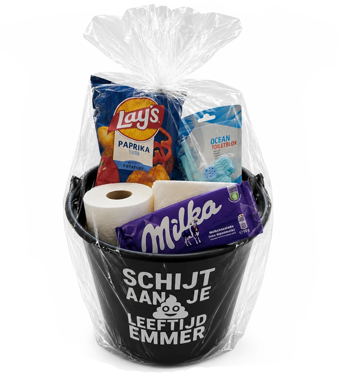 Emmer - Schijt aan je leeftijd in geschenkverpakking - Gevulde cadeau emmer - met tekst - Verpakt in cellofaan - 12 liter - zwart - Verjaardag man & Vrouw - Jubilieum cadeau - Geslaagd cadeau