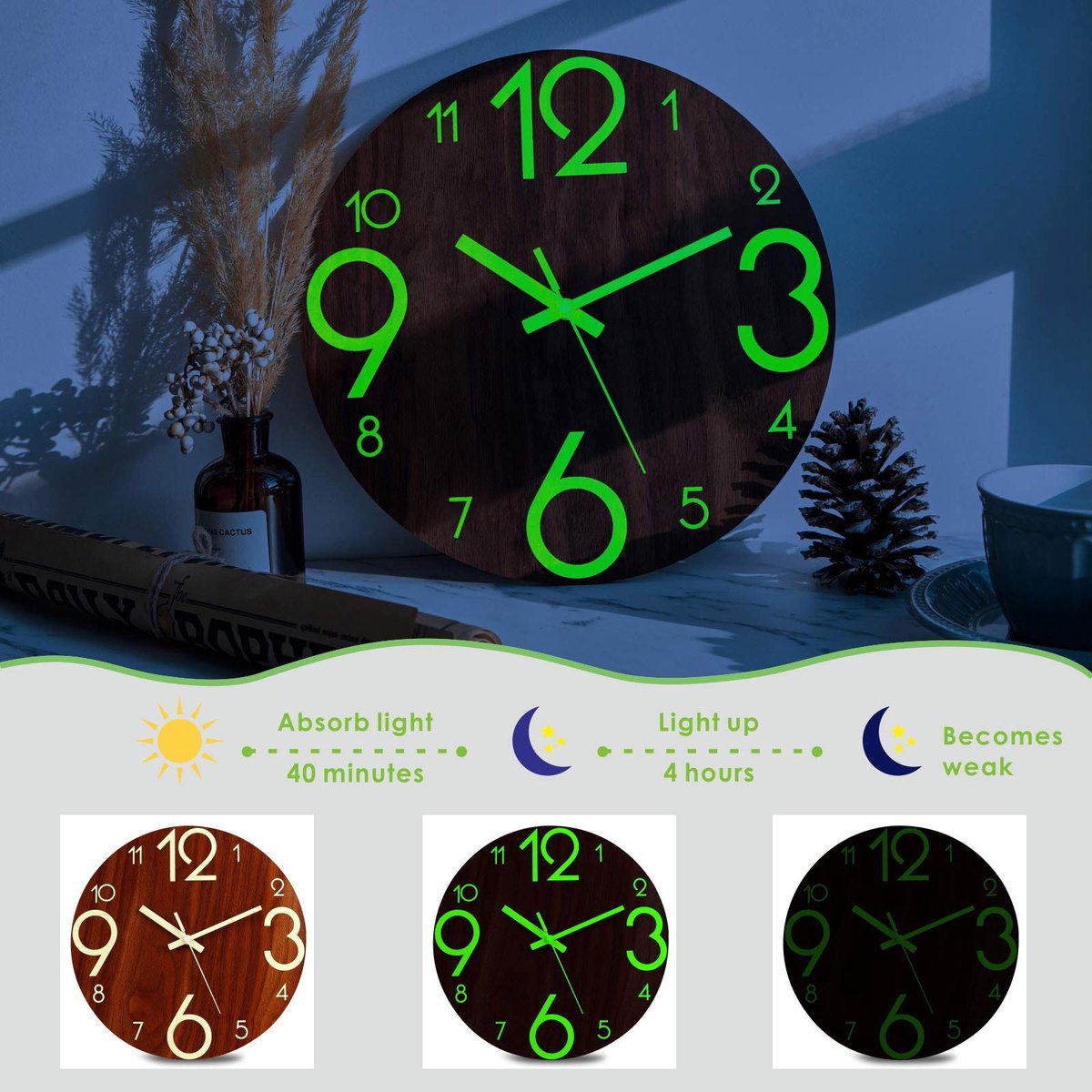 Omgoods - Lichtgevende wandklok - Fluorescerend - 30 cm - Houten wandklok - Grote cijfers - Geschikt voor keuken en slaapkamer