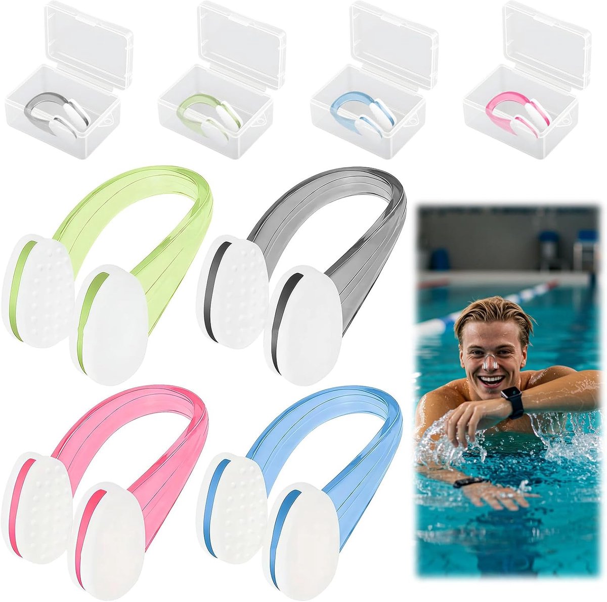 Bobypet - 4x Siliconen Zwem Neusklem - Comfortabele en Waterdichte Neusknijper voor Volwassenen en Kinderen - Ergonomische Anti-Slip Neusklemmen voor Zwemtraining, Duiken en Watersport - Set van 4 Multi-Colour