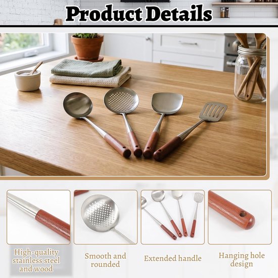 Set van 4 wok-gebruiksvoorwerpen, roestvrij staal, 43 cm lang, hittebestendig houten handvat, wok-spatel, sleufspatel, lepel, keukenschuimer, vaatwasmachinebestendig, professioneel keukengereedschap — afbeelding 2