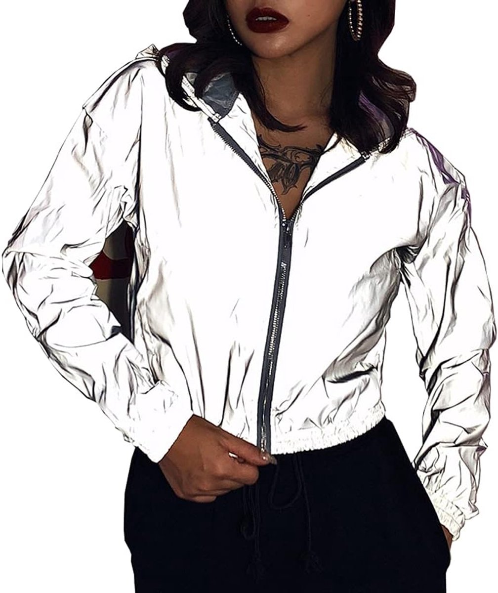 Reflecterende hoodie voor dames met ritssluiting en capuchon, windjack met lange mouwen