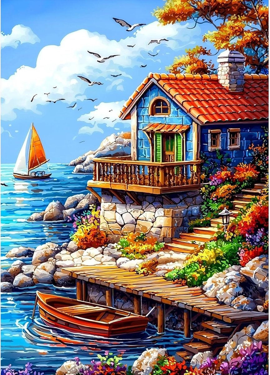 5D diamantschilderij voor volwassenen, strandhuis, diamantschilderij, complete set, diamantschilderij, kunst, glas, wanddecoratie, huis, cadeau, 30 x 40 cm