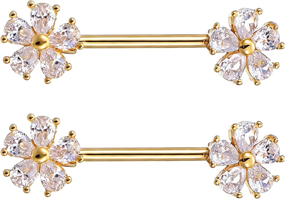 14 g tepelpiercingset met zirkonia-bloemen, 316L chirurgisch staal, fonkelende tepelpiercing, , ring, sieraad voor dames en heren