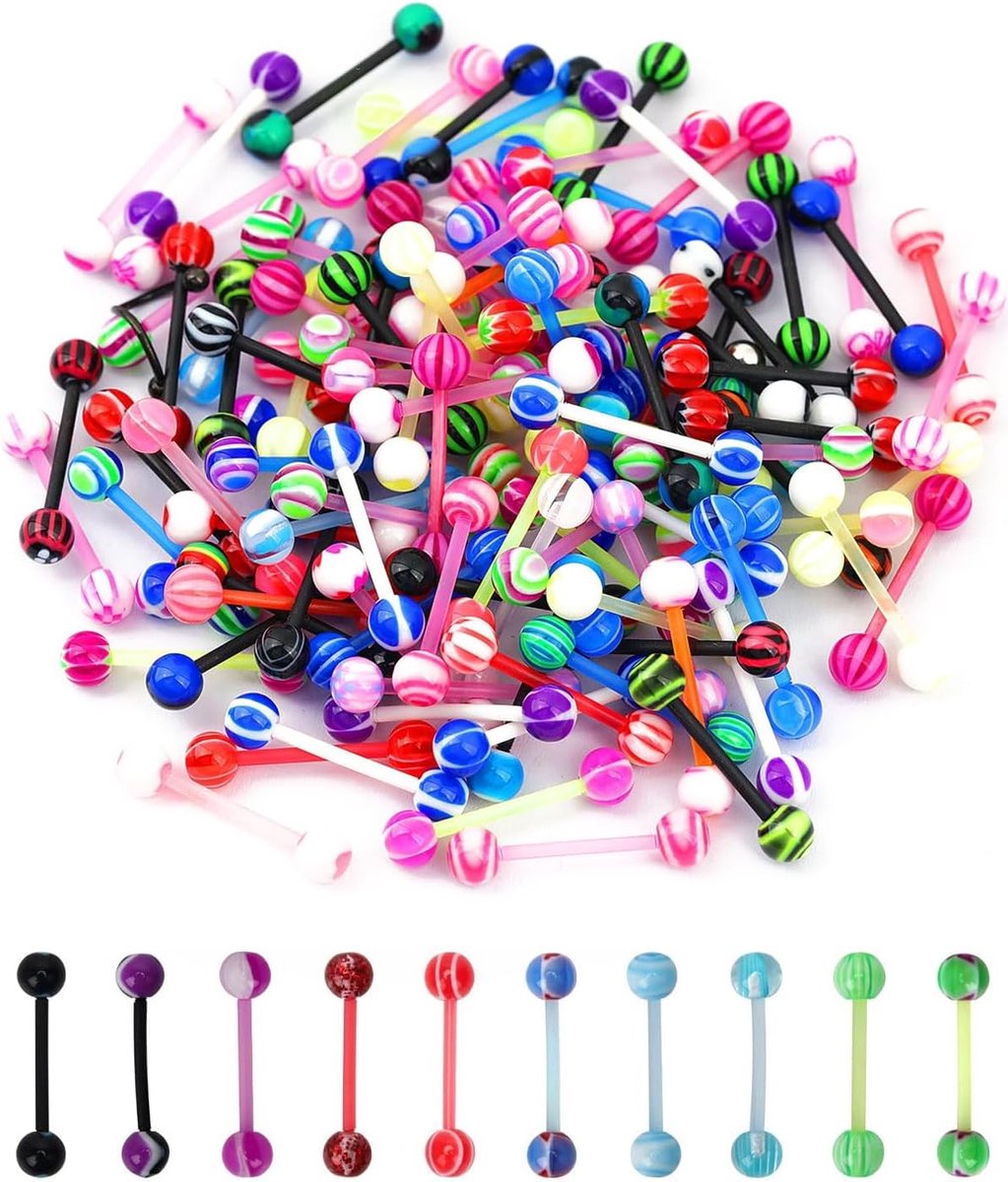 Barbell tepelpiercing, 30 stuks, tongpiercing, kunststof, tong, tepels, staafjes van siliconen, 16 mm, 14 g, voor tepels, tongpiercing