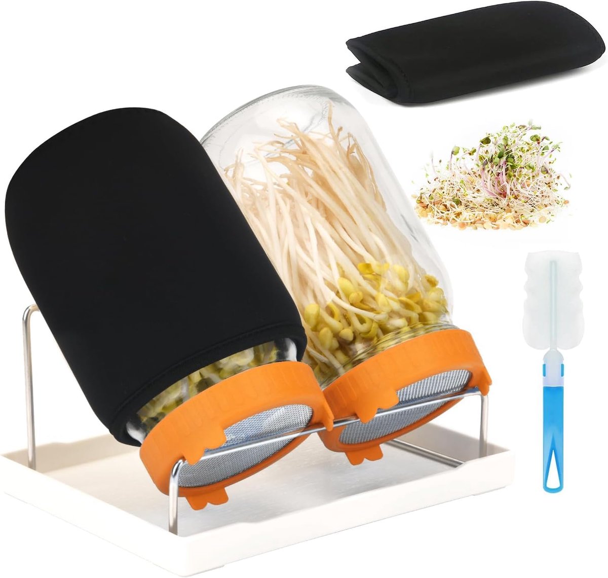set van 2, 1000 ml kiemglas 304 roestvrij stalen zeef | Sprouting Jar Set, 86 mm brede hals, roestvrijstalen filter, met standaard, voor zelfgetrokken spruiten