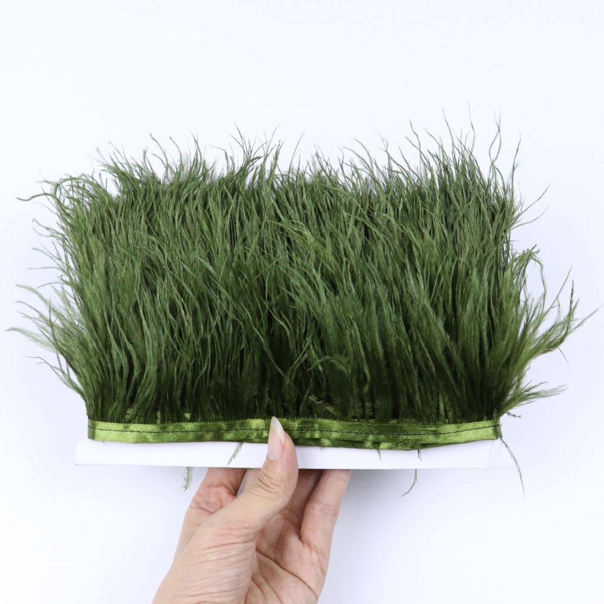 2 Meter Struisvogelveren Franjes Versiering Knutselveren Doe-Het-Zelf Naaien Satijnen Lint Rand Voor Kleding 6-8 Cm Breed Legergroen