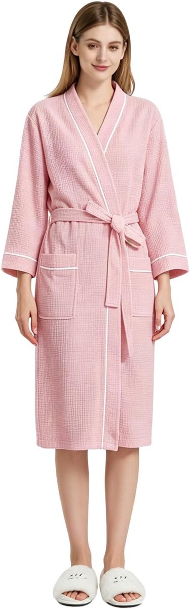 Katoenen ochtendjassen voor vrouwen, wafelstof, lichtgewicht, nachtkleding, zachte, dunne V-hals, kimono, badjas, uniseks voor spa, hotel, loungewear