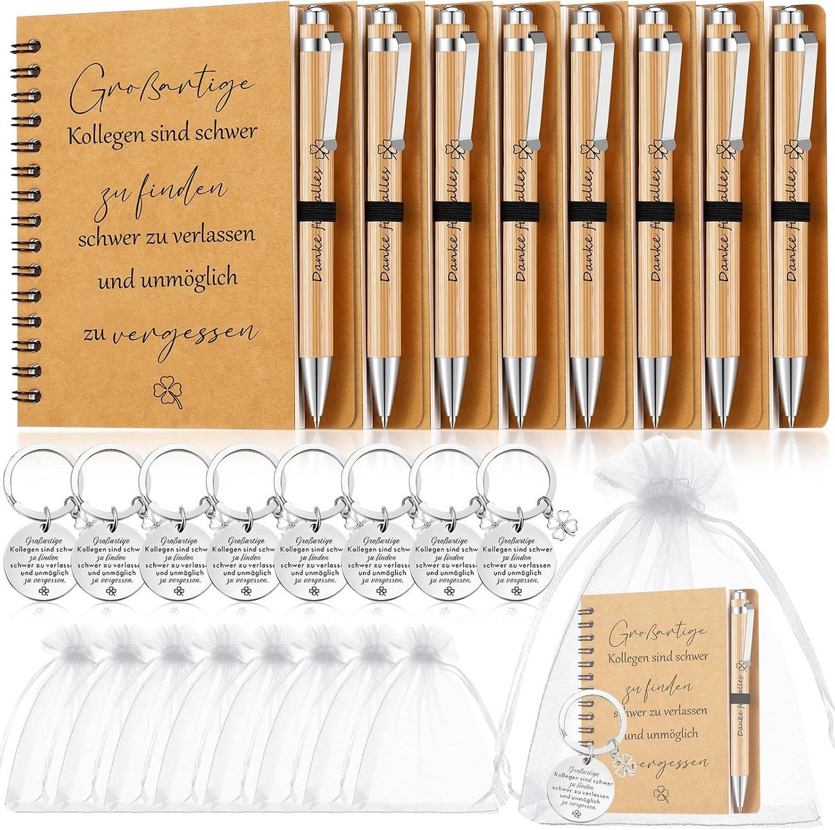8 cadeauset voor collega's, medewerkers, spiraalnotitieblok, motivationeel met balpen van hout, sleutelhanger, banenwissel, kerstcadeau (geweldige collega's zijn moeilijk te vinden)