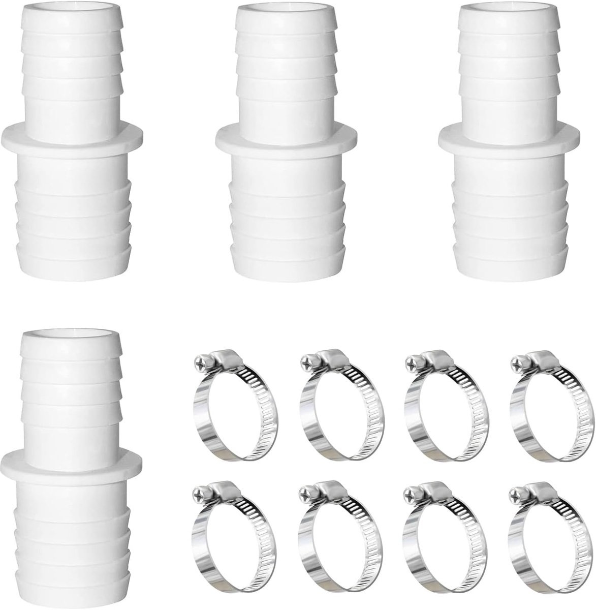 Aansluiting voor zwembadslang 38 mm, adapter voor tuinslang, 4 stuks, adapter voor zwembadslang 38 tot 38, slangadapters, zwembadaccessoires met 8 stalen klemmen