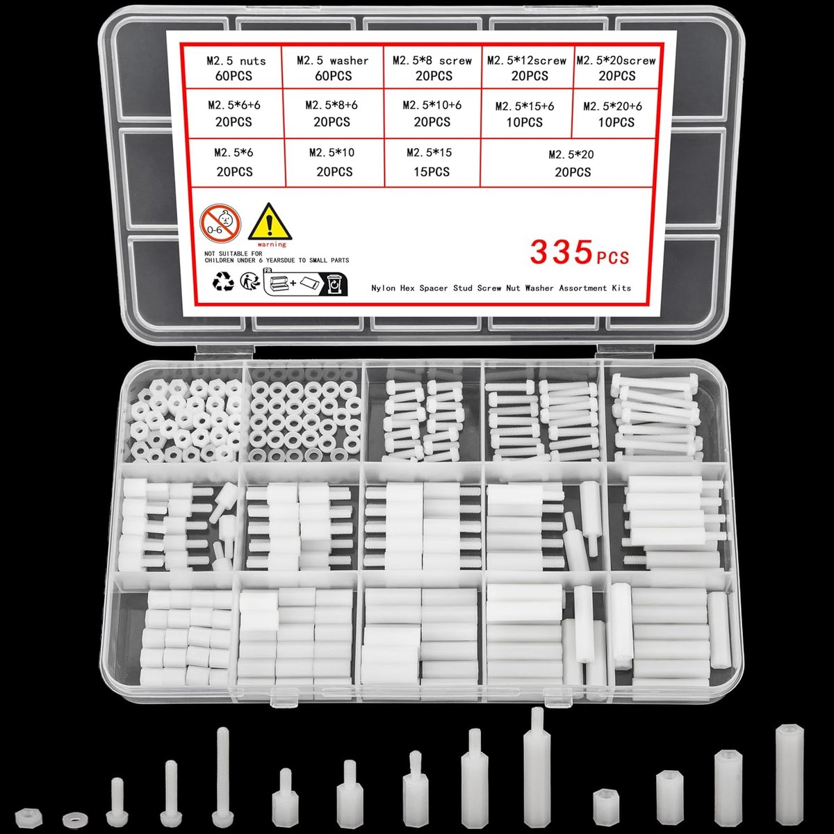 335 stuks M2,5 nylon schroevenset, wit nylon afstandhouders, schroefmoeren, mannelijk vrouwelijk PCB printplaten, afstandhouders, kunststof, kruiskopschroeven, assortiment kit