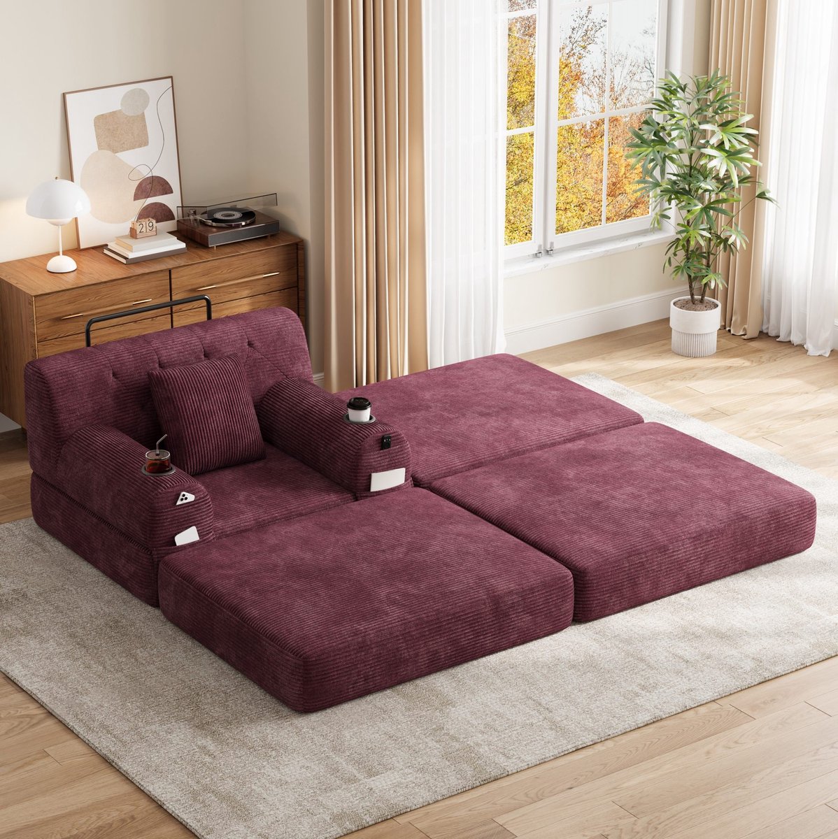 FloraGrace Fauteuil - 1-Zits Slaapfauteuil Met Hocker, Hoge Rugleuning, Cuphouders En Opbergtassen - Cord - Wijnrood