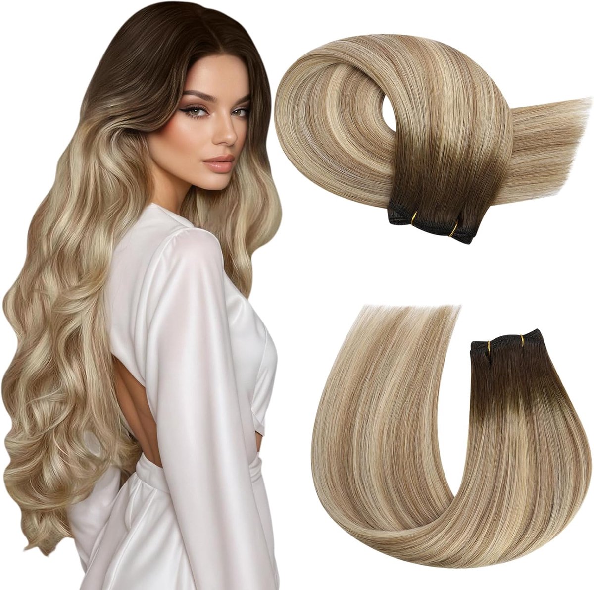 Weft Hair Extensions Echt Menselijk Haar Balayage Donkerbruin tot Lichtbruin met Medium Blond #3/8/22 60 cm 100G