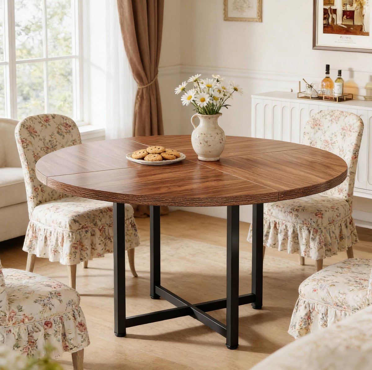 COVREO Ronde eettafel 120 cm zwart bruin, hout en metaal industrieel