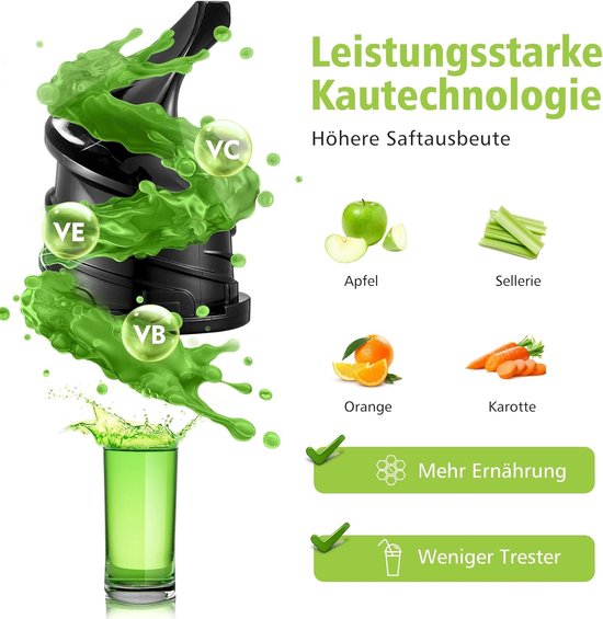 SnelShoppen - Slow Juicer voor Hele Fruit en Groenten BPA Vrij Elektrische Juicer met 80 mm Opening, Stille Motor, Testwinnaar met Terugloopfunctie in — afbeelding 5