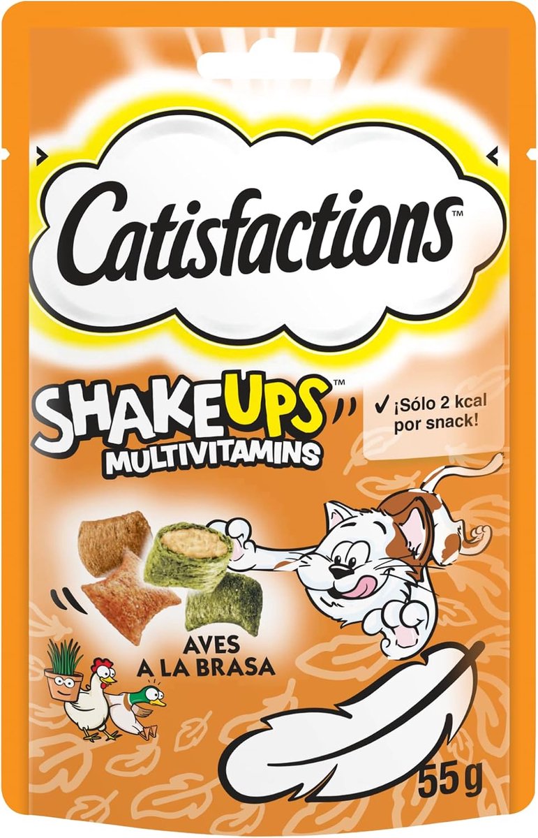 SnelShoppen - Catisfactions Snacks voor Katten met Gegrilde Vogels, 55 g - Crispy Tussendoortjes met Multivitaminen, 2 kcal per Snack, Voor Gelukkige