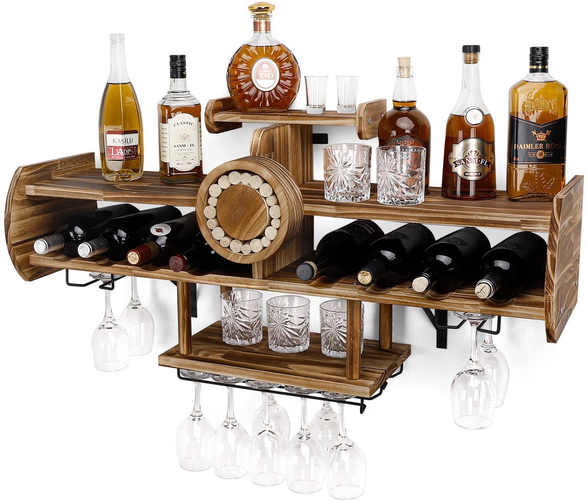 SnelShoppen - Houten Wijnrek Aan De Muur - Ideaal Voor Wijnflessen, Champagne, Wijnglazen - Perfect Voor Keuken, Eetkamer, Feesten - 5 Flessen