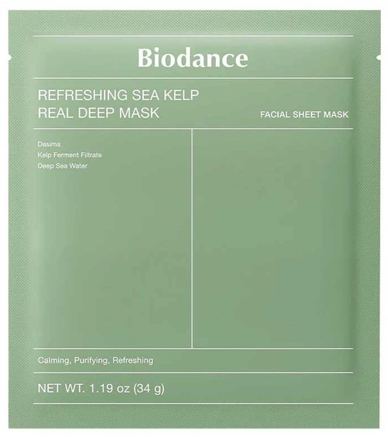 Biodance Refreshing Sea Kelp Real Deep Mask gezichtsmasker met Dasima, Kelp Ferment Filtrate, Deep Sea Water. Kalmerend, zuiverend, verfrissend. Inhoud 34 g.