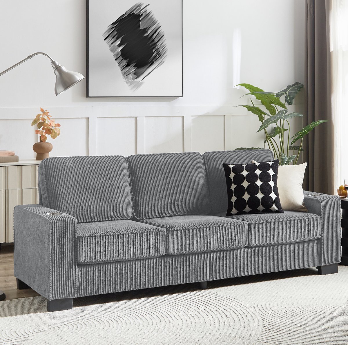 FloraGrace Zitbank 206 Cm - 3-Zits Sofa Met Geintegreerde Bekerhouders - Ergonomisch Comfort Voor Woonkamer Slaapkamer Of Kantoor - Corduroy - Grijs