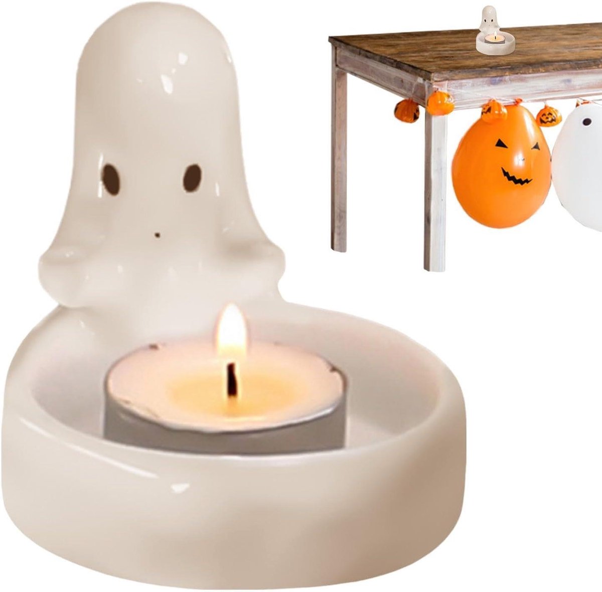 Kandelaar Spook Vorm - Theelichthouder Resin - Halloween Decoratie - Handgemaakt Uniek - 9x7 cm - Wit