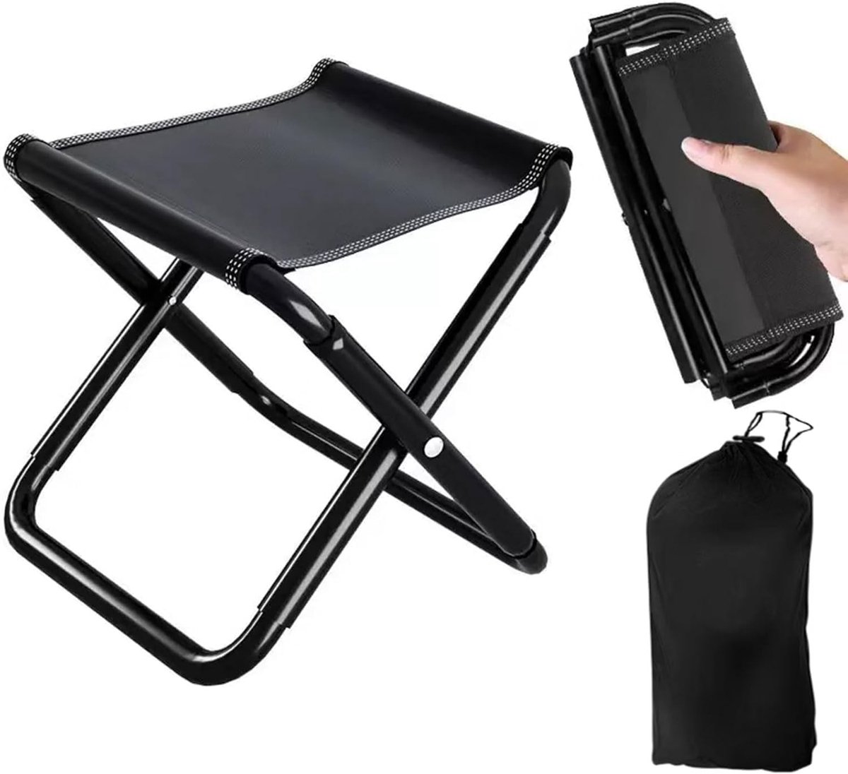 Draagbare Vouwstoel met Opbergzak voor Buiten, Lichtgewicht Zitplaats voor Kamperen, Wandelen, Tuin, Vissen, Barbecue en Strand (Zwart, 30CM)