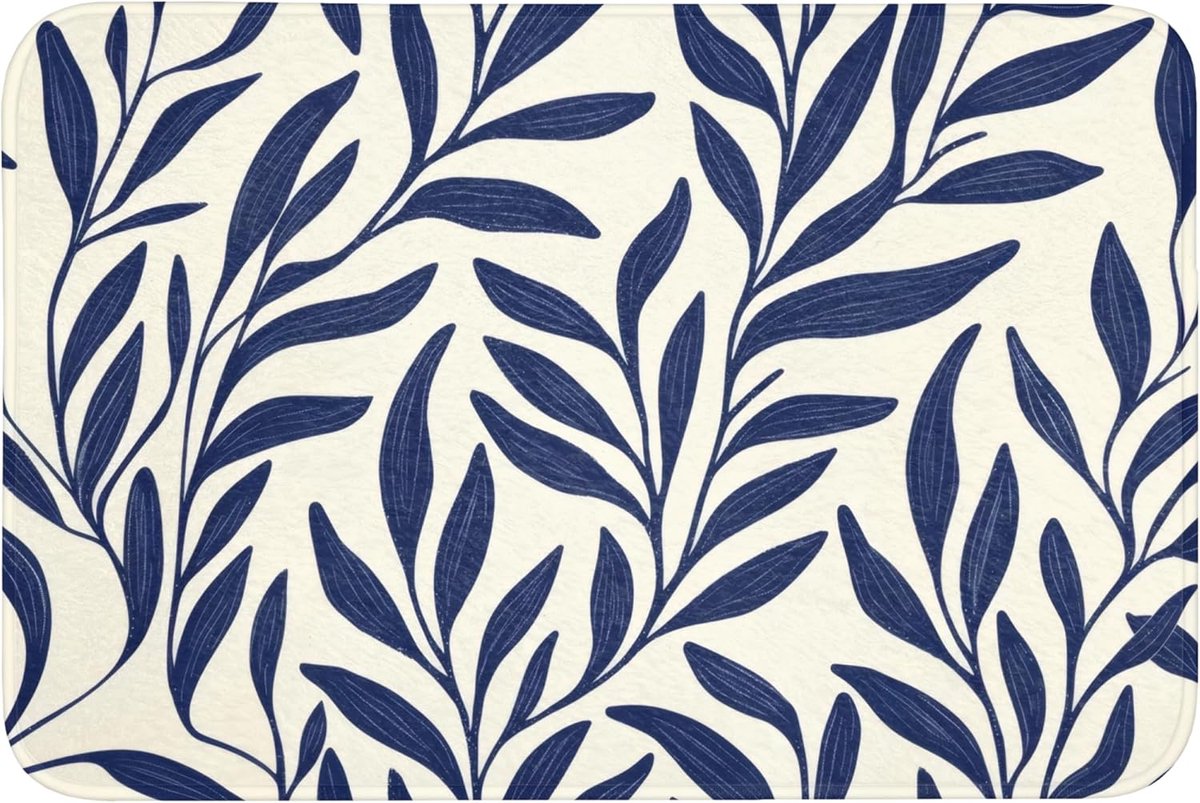 SnelShoppen - Badmat Rechthoekig 90x60cm Antislip Toilet Memory Foam Wasbaar Zacht Badkamer Accessoires Bladeren - Klimop - Donkerblauw