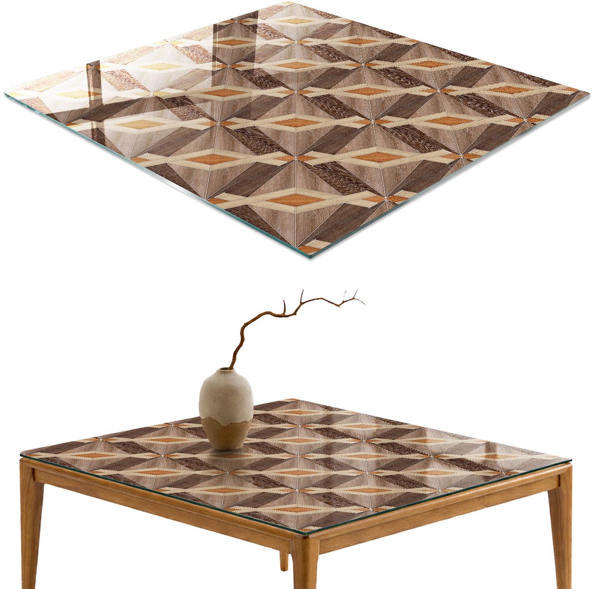 ArtPrintCave Geometrische mozaïek Glazen Tafelblad 60x60 cm - Tafelblad Rechthoek - Bruin Tafelblad Glas - Geometrie Keukentafel