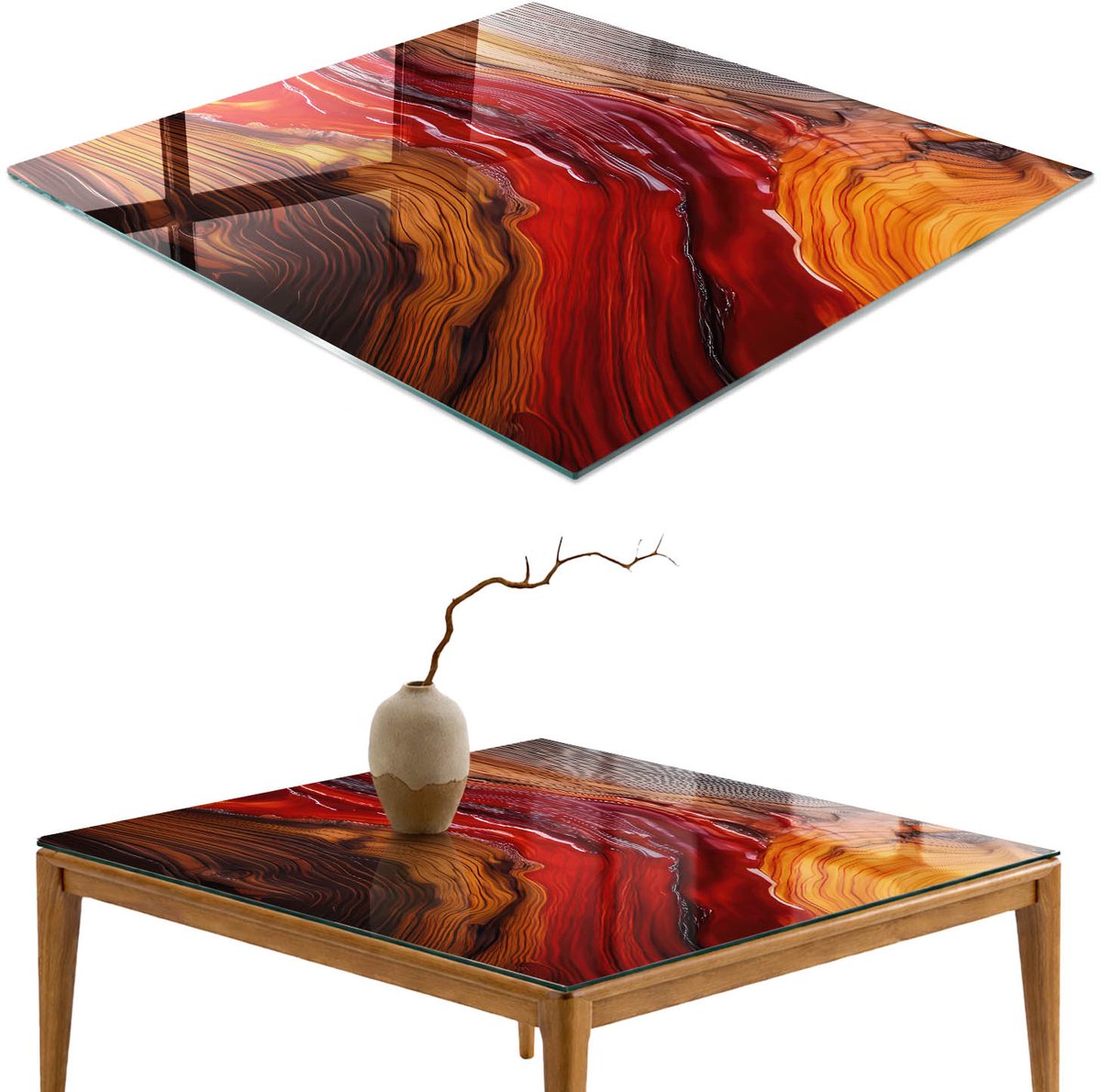 ArtPrintCave Elementaire energie Glazen Tafelblad - 50x50 cm - Tafelblad Vierkanten - Rood Bureaublad - Abstractie Keukentafel