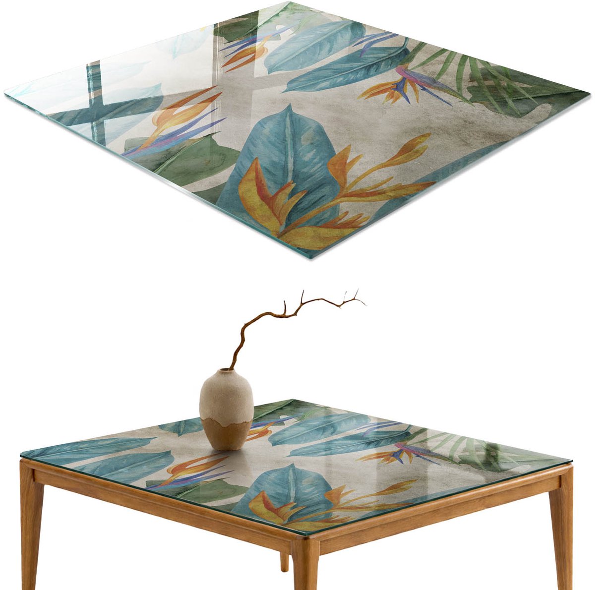 ArtPrintCave Tropische flora Glazen Tafelblad - 50x50 cm - Tafelblad Vierkanten - Blauw Glasplaat - Bloemen en planten Eettafel Met Glasplaat